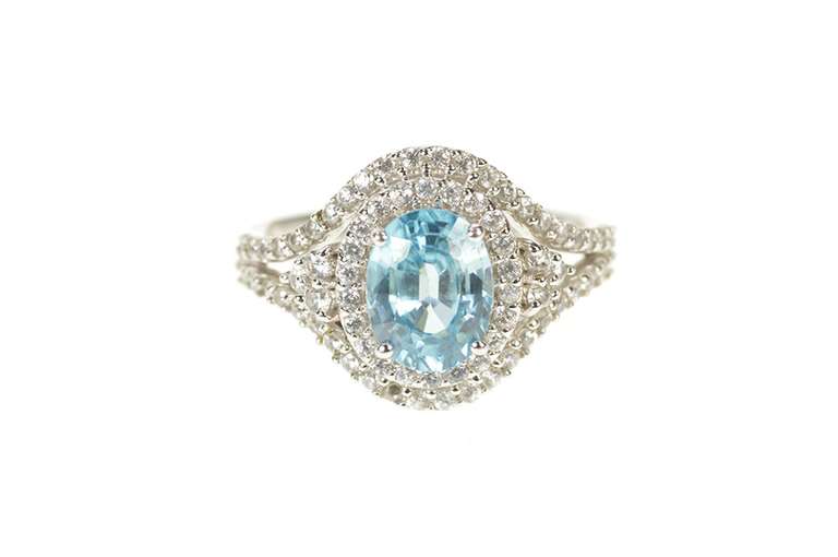 10K Yellow Gold Oval Blue Topaz Diamond Halo Cocktail Ring