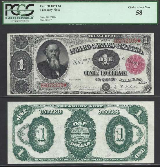 $1 1891 Treasury Note PCGS Choice Abt New 58