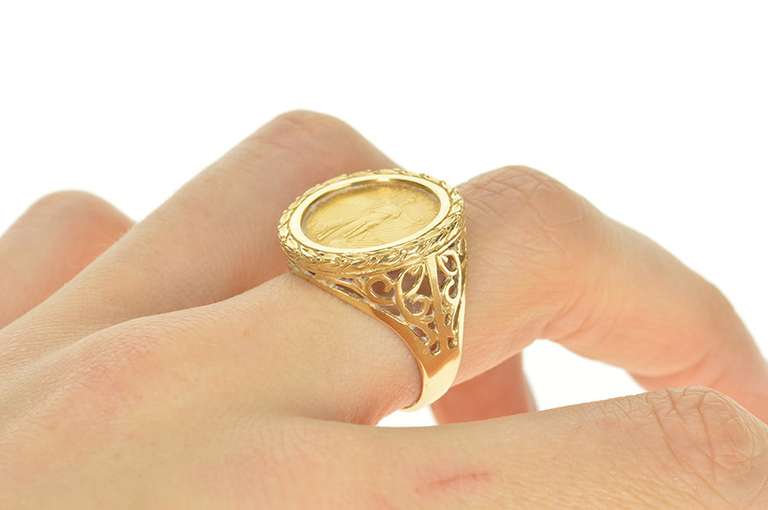 14K Yellow Gold 1996 1/10th Oz Half Eagle Filigree Statement Ring