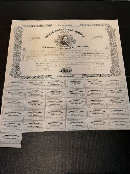 $100  December 8 1862 Confederate War Bond