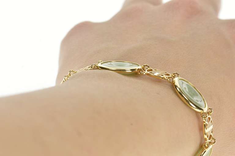 14K Yellow Gold Round Carved Jade Ring Chinese Motif Bracelet