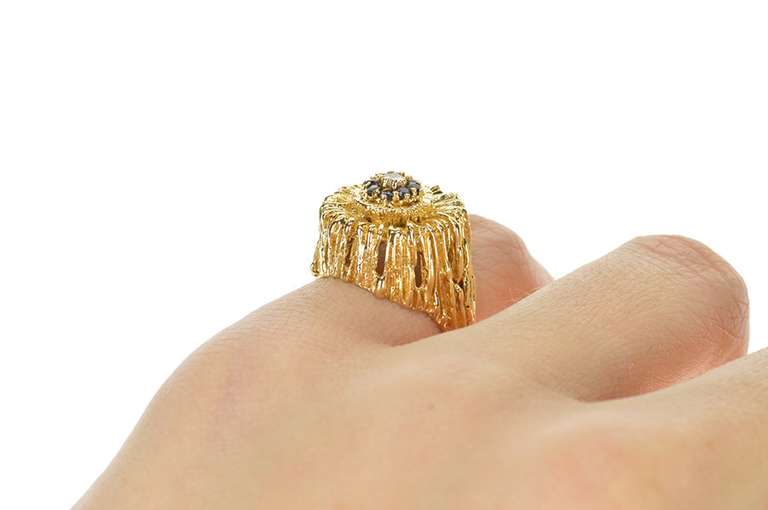 14K Yellow Gold Diamond Sapphire Abstract Floral Cocktail Ring