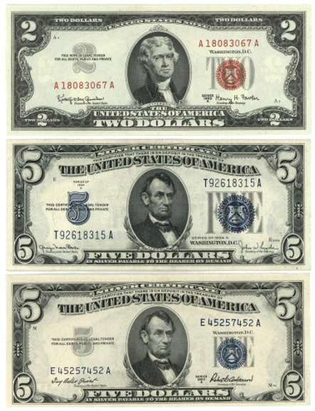 Crisp 1963-A $2, 1934-D $5, & 1953-A $5 Silver Certs