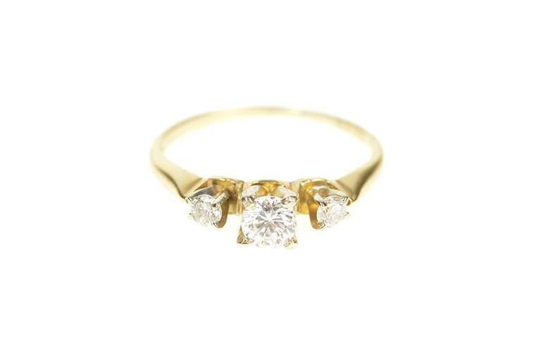 14K Yellow Gold Three Stone Diamond Classic Engagement Ring