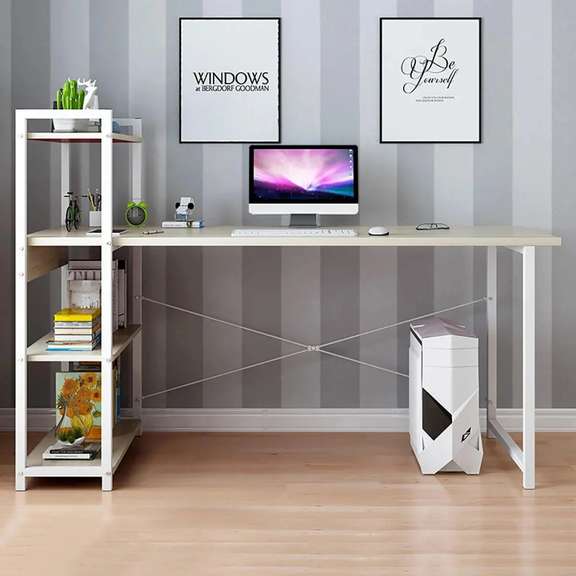 H Shape Computer Desk 47 Inch with 4 Tiers Bookshelf