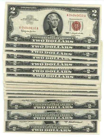 24 Mostly Unc. 1953 & 1963 $2 Red Seal Notes. Nice