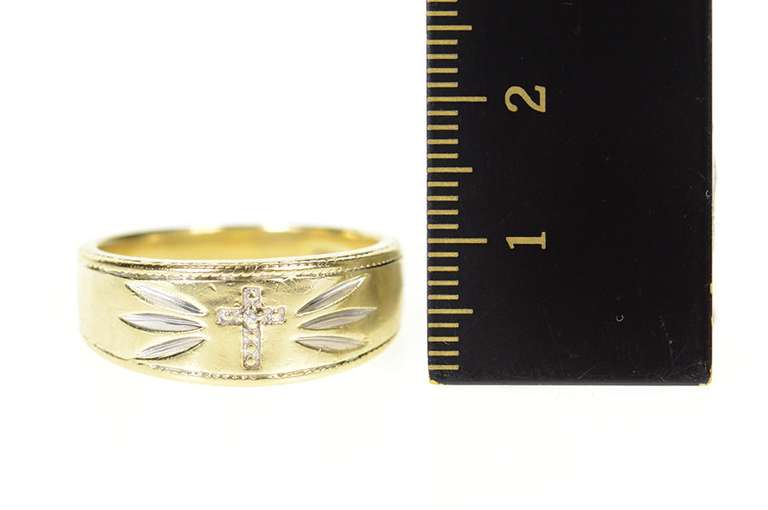 10K Yellow Gold Men's Diamond Cross Christian Faith Grooved Ring