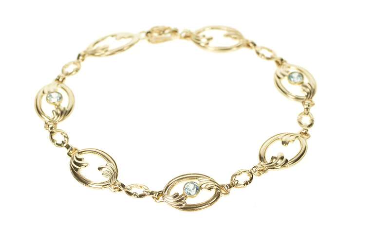 10K Yellow Gold Blue Topaz Wave Oval Design Statement Chain Bracelet