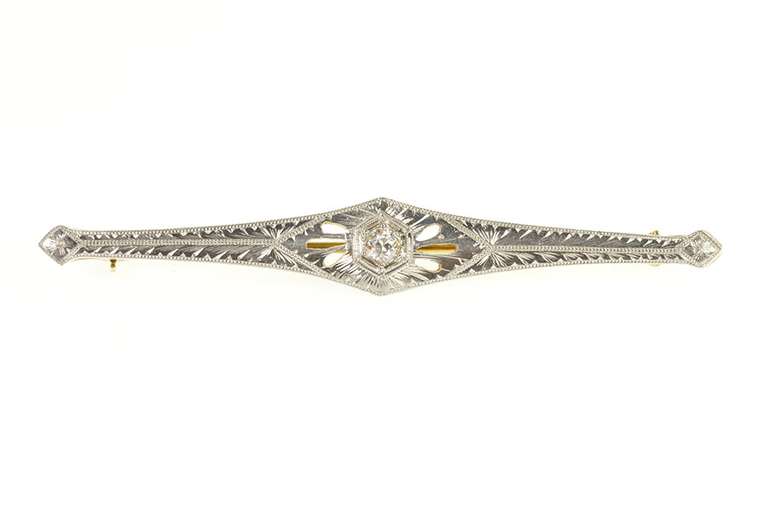 14K Yellow Gold Two Tone Art Deco Diamond Ornate Bar Pin/Brooch