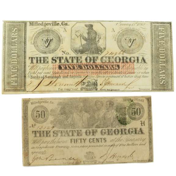 50 Cent Jan 1 1863 &$5 Jan 15 1862 Georgia Notes