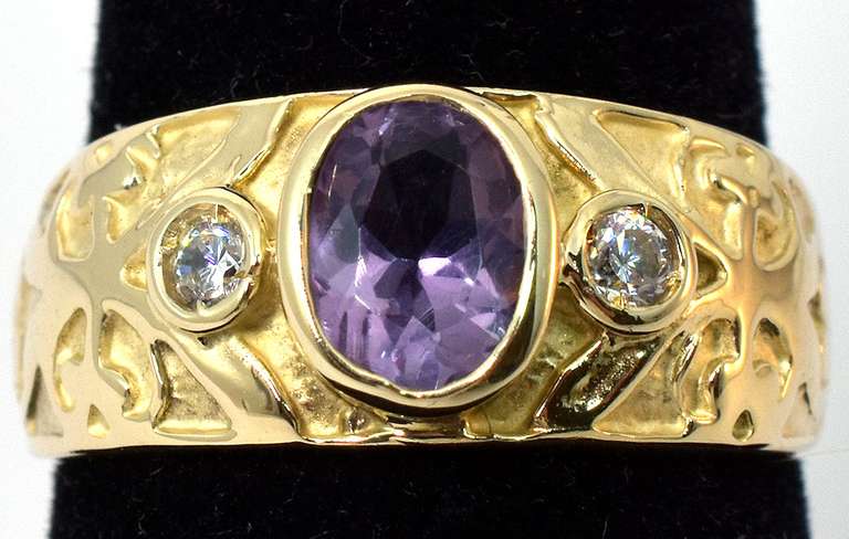 Ornate Amethyst & CZ Ring Band Ring in 14KT Yellow Gold