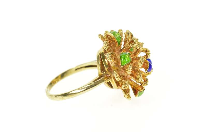 14K Yellow Gold 1960's Blue Green Enamel Leaf Cocktail Ring