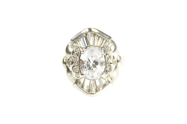 14K White Gold Oval Baguette Ballerina Halo Travel Engagement Ring