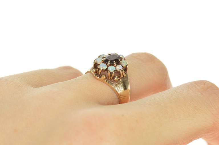 10K Yellow Gold Retro Oval Garnet Opal Halo Statement Ring