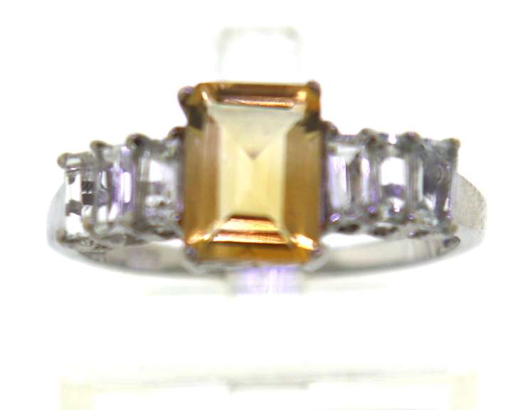 Sterling Silver Baguette Cut Citrine And crystals Ring
