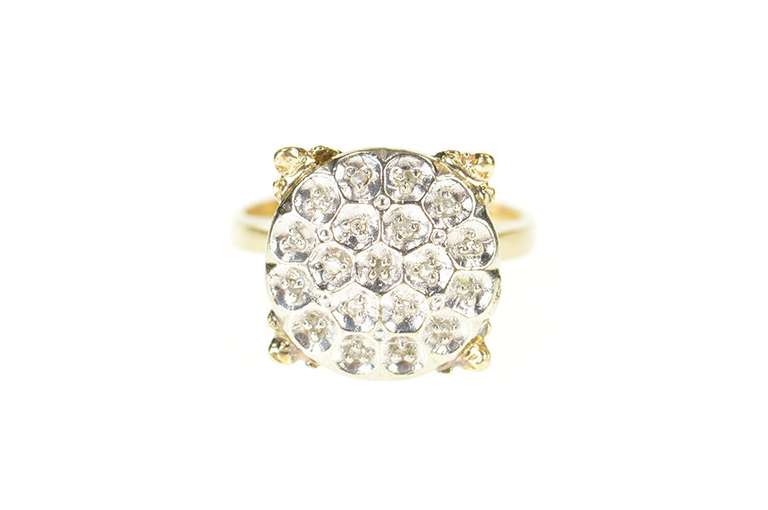 10K Yellow Gold Squared Diamond Encrusted Raised Cluster Ring