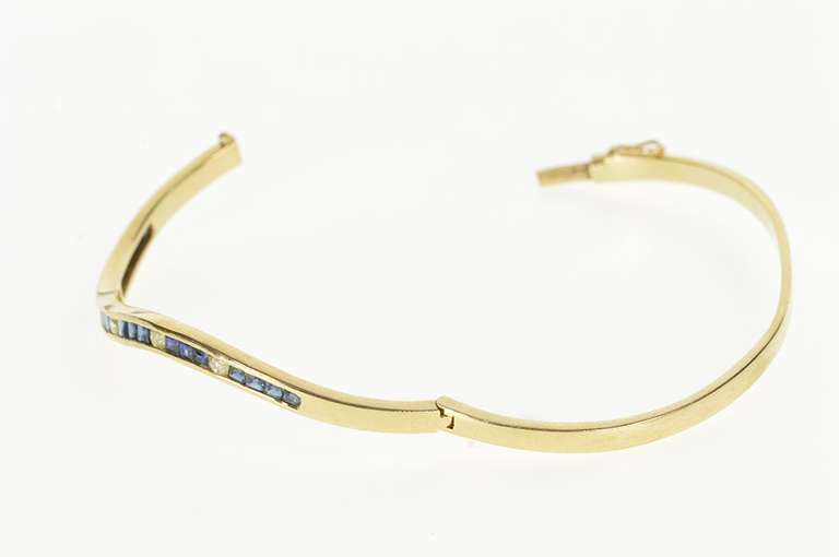 14K Yellow Gold 1.35 Ctw Channel Sapphire Diamond Bangle Bracelet