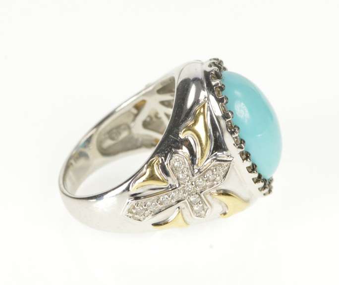 14K White Gold Oval Turquoise Diamond Halo Cross Christian Ring