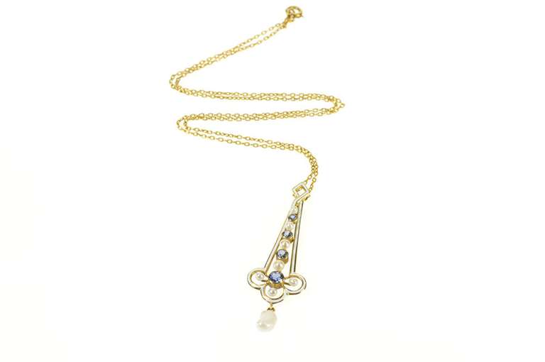 14K Yellow Gold Victorian Sapphire Pearl Enamel Drop Necklace