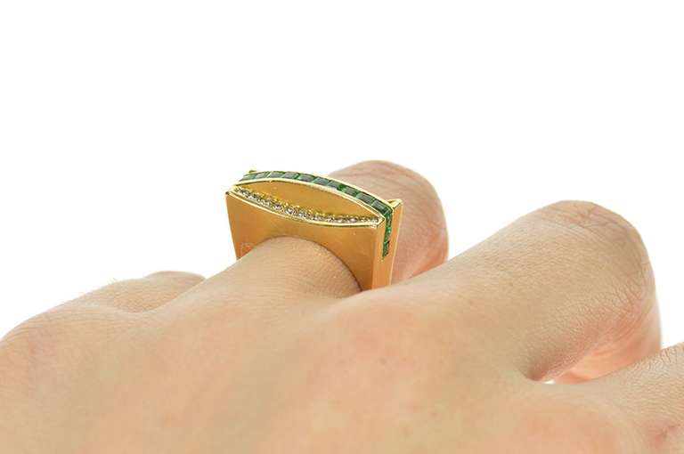 18K Yellow Gold 0.81 Ctw Emerald Diamond Squared Statement Ring