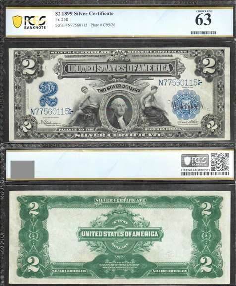 $2 1899 SILVER CERTIFICATE Fr. 258 MINI PORTHOLE PCGS-B Ch Unc 63 BLUE SEAL