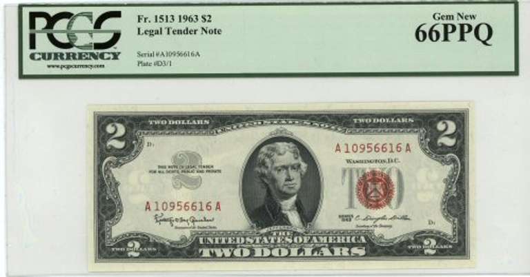 Superb Gem CU 1963 Series $2 Red Seal Note. PCGS 66PPQ