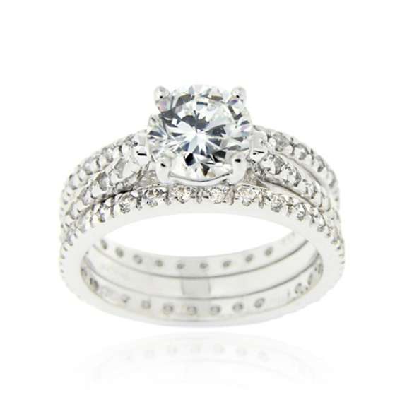 Sterling Silver Round CZ Engagement & Bridal Wedding Ring Set