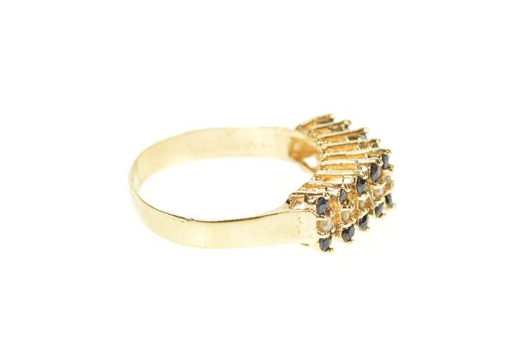14K Yellow Gold Tiered Sapphire Diamond Squared Band Ring