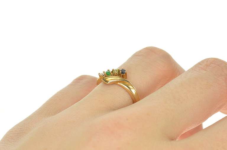 14K Yellow Gold Retro Emerald Diamond Sapphire Peridot Bypass Ring