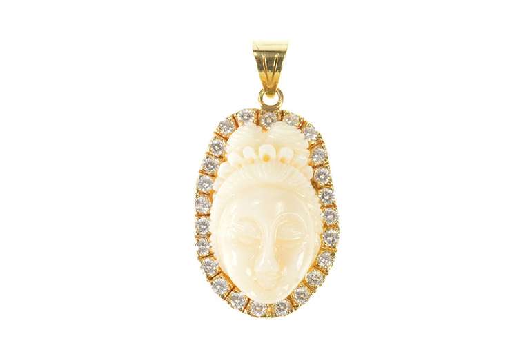 14K Yellow Gold Carved White Agate Geisha Halo Statement Pendant