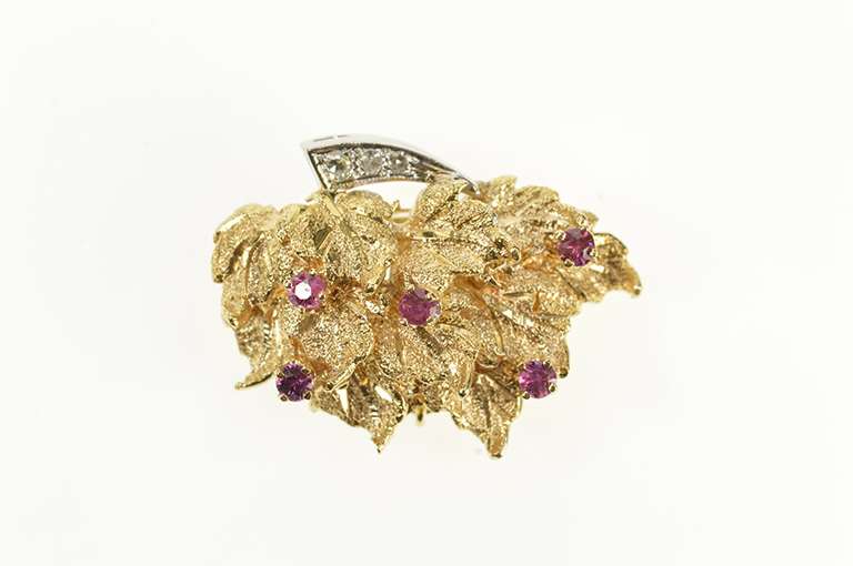 14K Yellow Gold 1940's Ruby Diamond Leaf Cluster Box Clasp