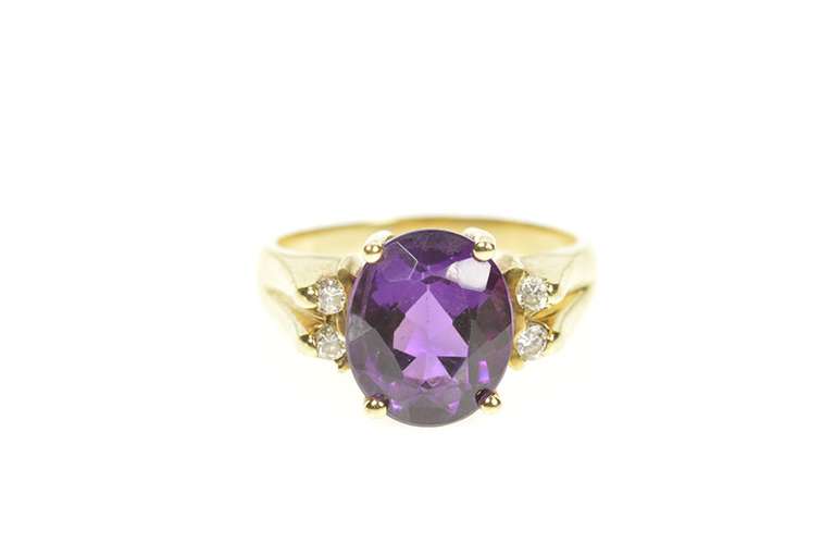 14K Yellow Gold Oval Amethyst Diamond Accent Statement Ring