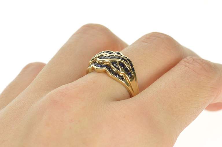 10K Yellow Gold Braid Channel Sapphire Twist Wavy Statement Ring