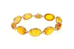 14K Yellow Gold Oval Amber Cabochon Ornate Statement Bracelet