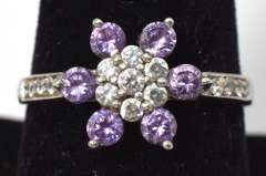 Sterling Silver Flower Ring With Purple and White Stones.