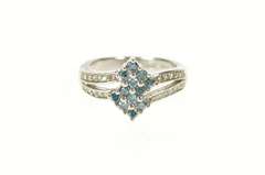 14K White Gold 0.46 Ctw Squared Blue Diamond Cluster Bypass Ring