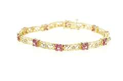 14K Yellow Gold Ruby Flower Cluster Diamond Bar Link Tennis Bracelet