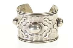 Sterling Silver Ornate Hammered Oval Design Statement Cuff Bracelet