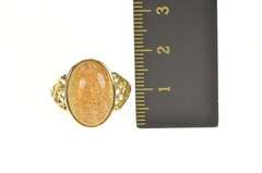 10K Yellow Gold Brown Tan Stone Cabochon Heart Filigree Ring