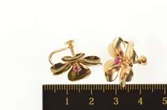10K Yellow Gold Victorian Syn. Ruby Dogwood Flower Screw Back Earrings
