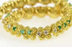 18K Yellow Gold 1.35 Ctw 1930's Emerald Diamond Nugget Link Bracelet
