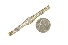 14K Yellow Gold Art Deco Filigree Diamond Syn. Sapphire Bar Pin/Brooch
