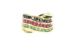 14K Yellow Gold Emerald Ruby Sapphire Tiered Wavy Band Ring