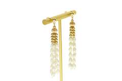 14K Yellow Gold Retro Pearl Fringe Dangle Ornate Statement Earrings