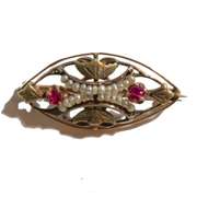 10 K Yellow Gold Seed Pearl and Ruby Broach