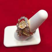 LADIES 18K GOLD DIAMOND WITH BLUE TOPAZ AND PINK TOURMANLINE RING
