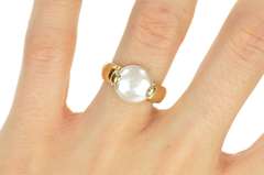 14K Yellow Gold Pearl Inset Ornate Retro Unique Statement Ring
