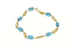 18K Yellow Gold Round Carved Turquoise Bead Twist Chain Bracelet
