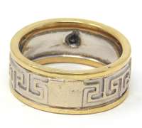 Unique 18kt YG Round Cut Bezel Set Diamond Greek Key Ring