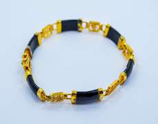 Gold Over Sterling Black Jade Bracelet With Chinese Symbols
